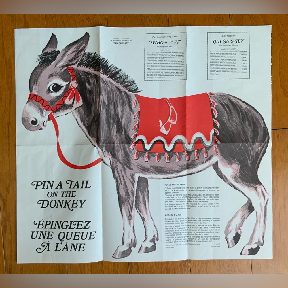 Vintage BILINGUAL Pin the Tail on the Donkey Game Poster
